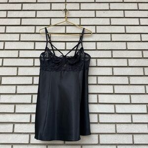 Plus Size Cacique Black Satin Silk Lace Underwire Slip Chemise Boudoir Set 18/20